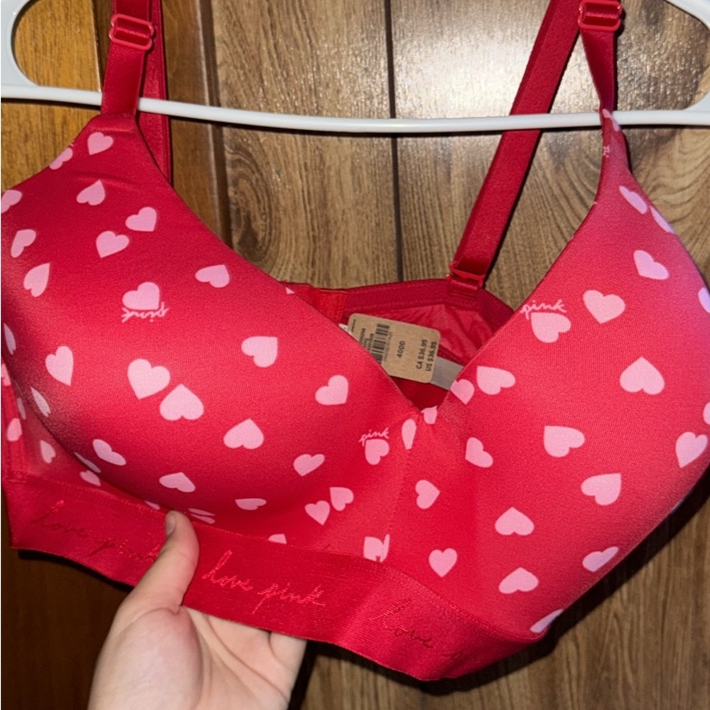 PINK Victoria's Secret Red and Pink Heart Print T-Shirt Bra